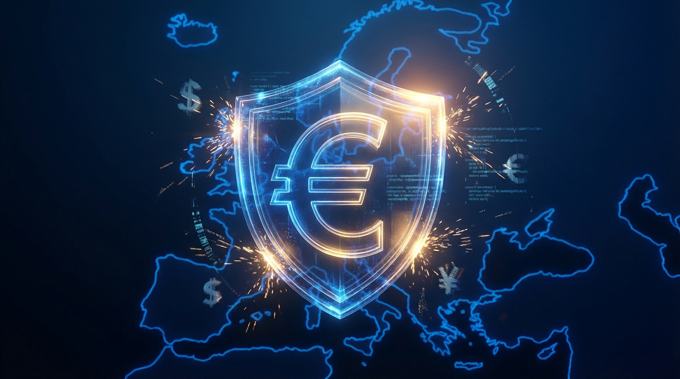 Un bouclier lumineux avec le symbole de l'euro, entouré d'étincelles et de code, sur une carte numérique de l'Europe avec des symboles monétaires.