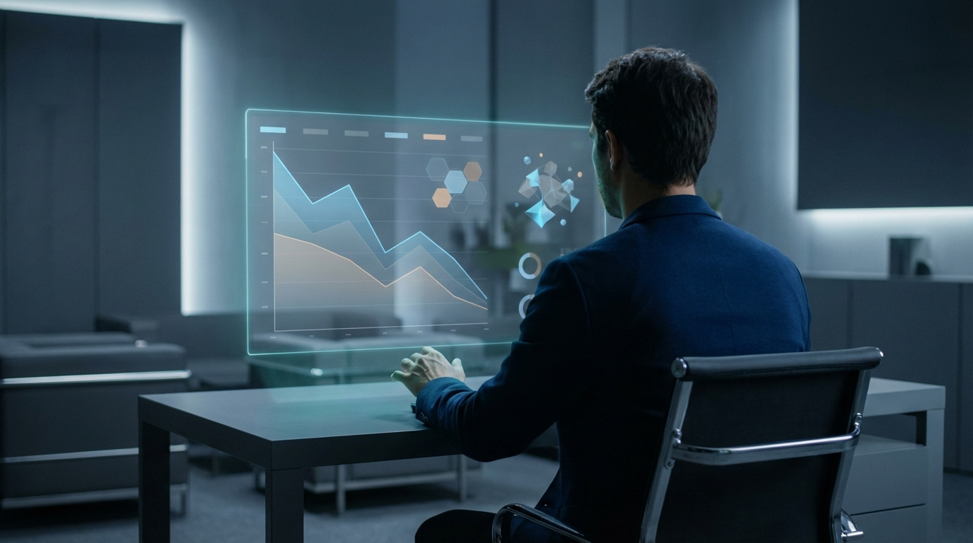 Homme de dos analysant des graphiques et données sur un écran holographique dans un bureau high-tech, évoquant l'analyse de marché crypto.