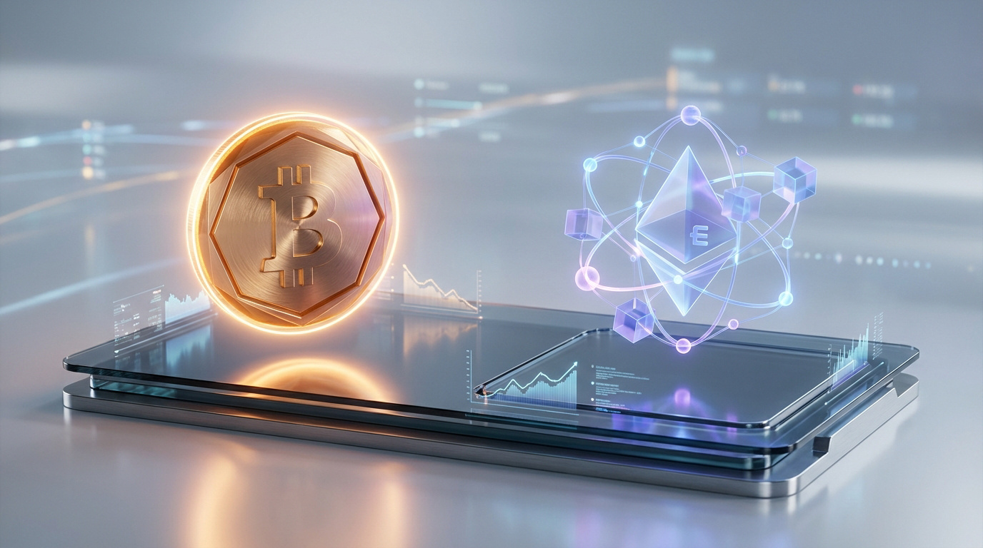 Représentations holographiques de Bitcoin et Ethereum avec graphiques financiers sur une surface numérique.