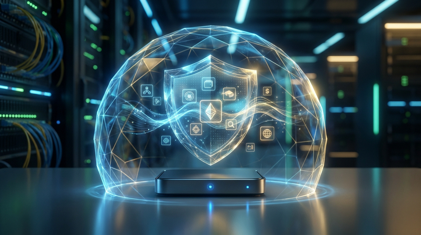 Boîtier de sécurité protégeant des icônes de cryptomonnaies comme Ethereum sous un dôme lumineux en maillage polygonal dans un data center.