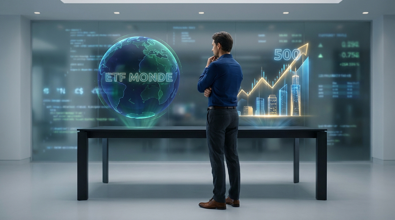 Un homme d'affaires regarde des projections holographiques d'un globe "ETF Monde" et d'un graphique "S&P 500" avec des gratte-ciel.