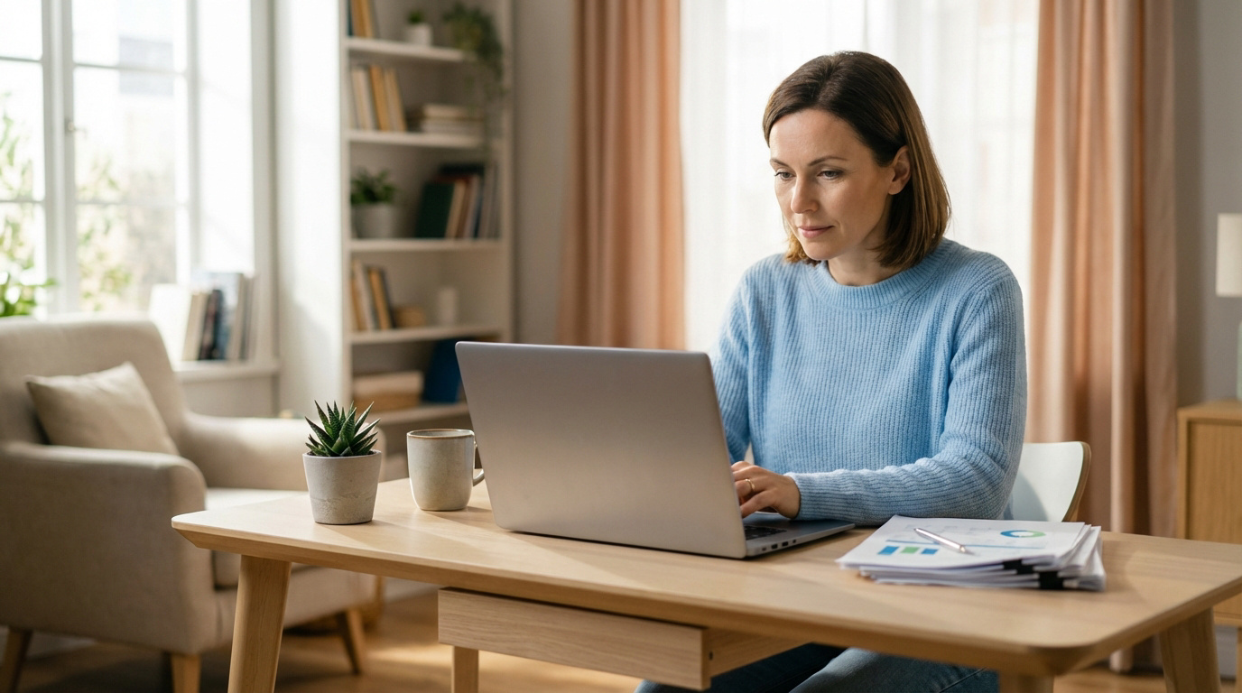 Femme travaillant sur un ordinateur portable à un bureau chez elle, avec des documents et une plante verte à côté. Lumière naturelle.