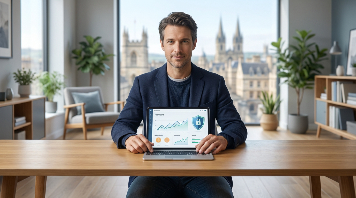 Homme devant un laptop avec dashboard financier et icône de sécurité. Représente la fiabilité pour l'achat de crypto-monnaies.