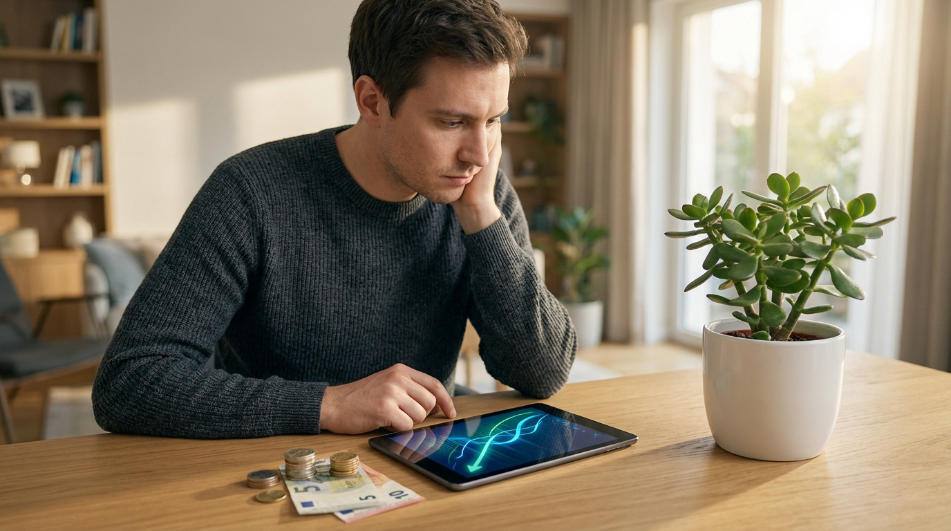Homme pensif devant sa tablette affichant des courbes de trading, avec des pièces et un billet de 5€ sur une table en bois, près d'une plante.