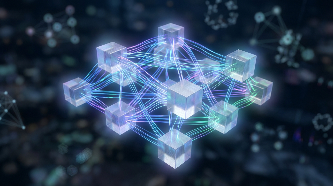 Illustration 3D de cubes lumineux interconnectés par des lignes énergiques, représentant un réseau blockchain décentralisé.