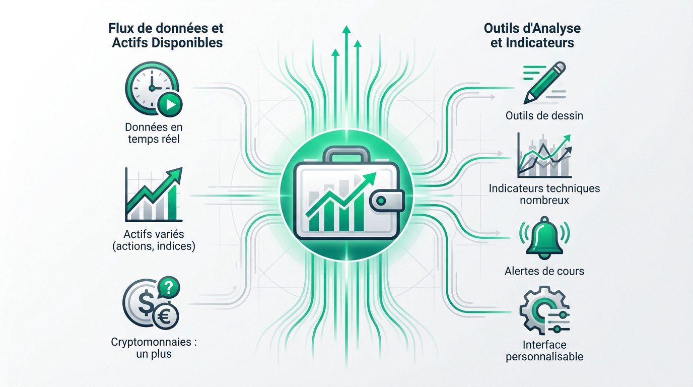 Interface de simulation boursière avec graphiques et indicateurs techniques