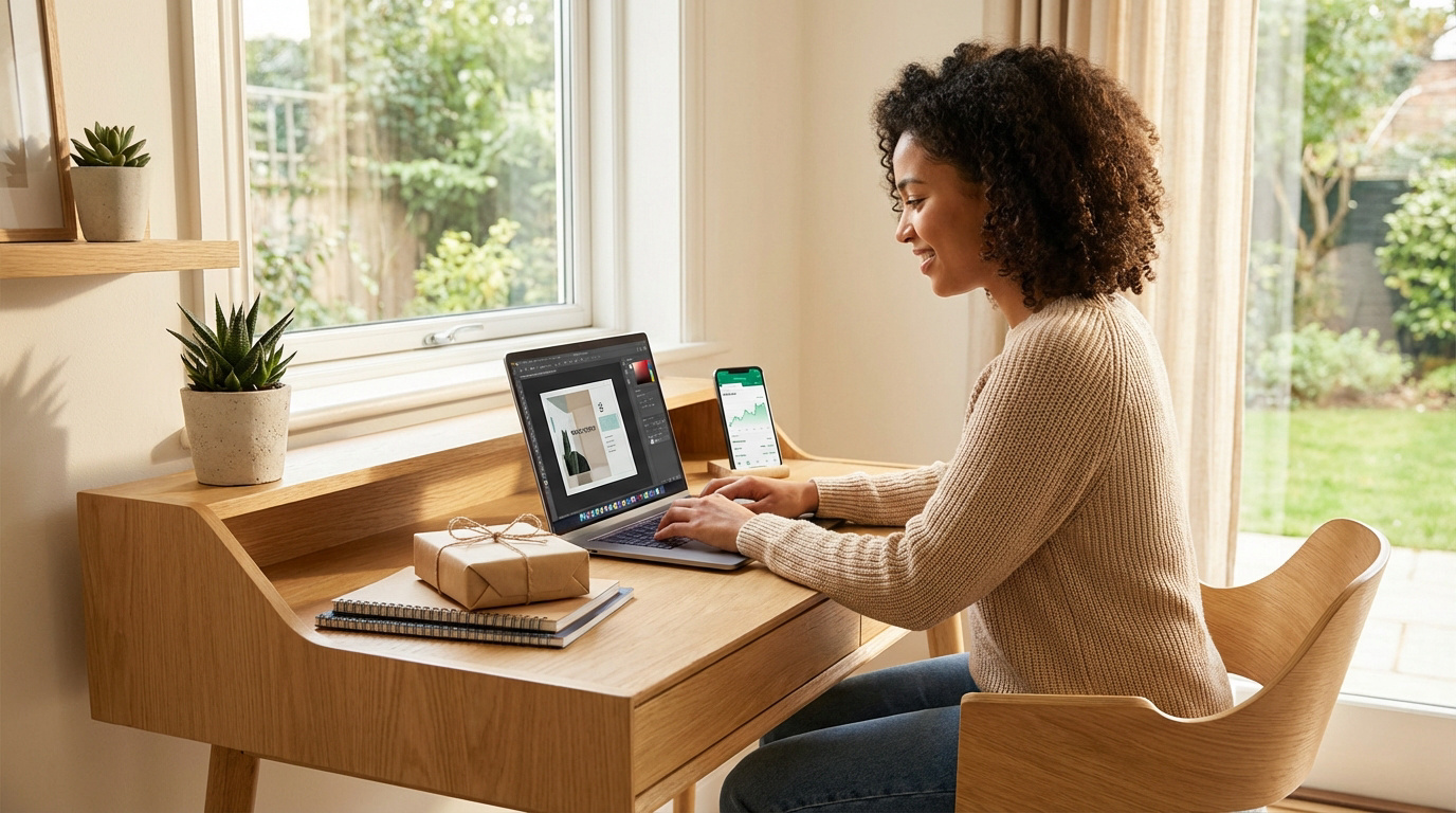 Femme souriante travaille sur un ordinateur portable à son bureau à domicile. Un smartphone avec graphique de croissance est à ses côtés.