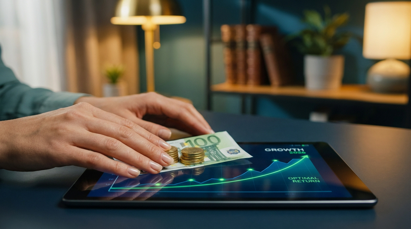 Mains plaçant billets et pièces sur une tablette affichant un graphique de croissance financière (CROISSANCE 2026, RENDEMENT OPTIMAL).
