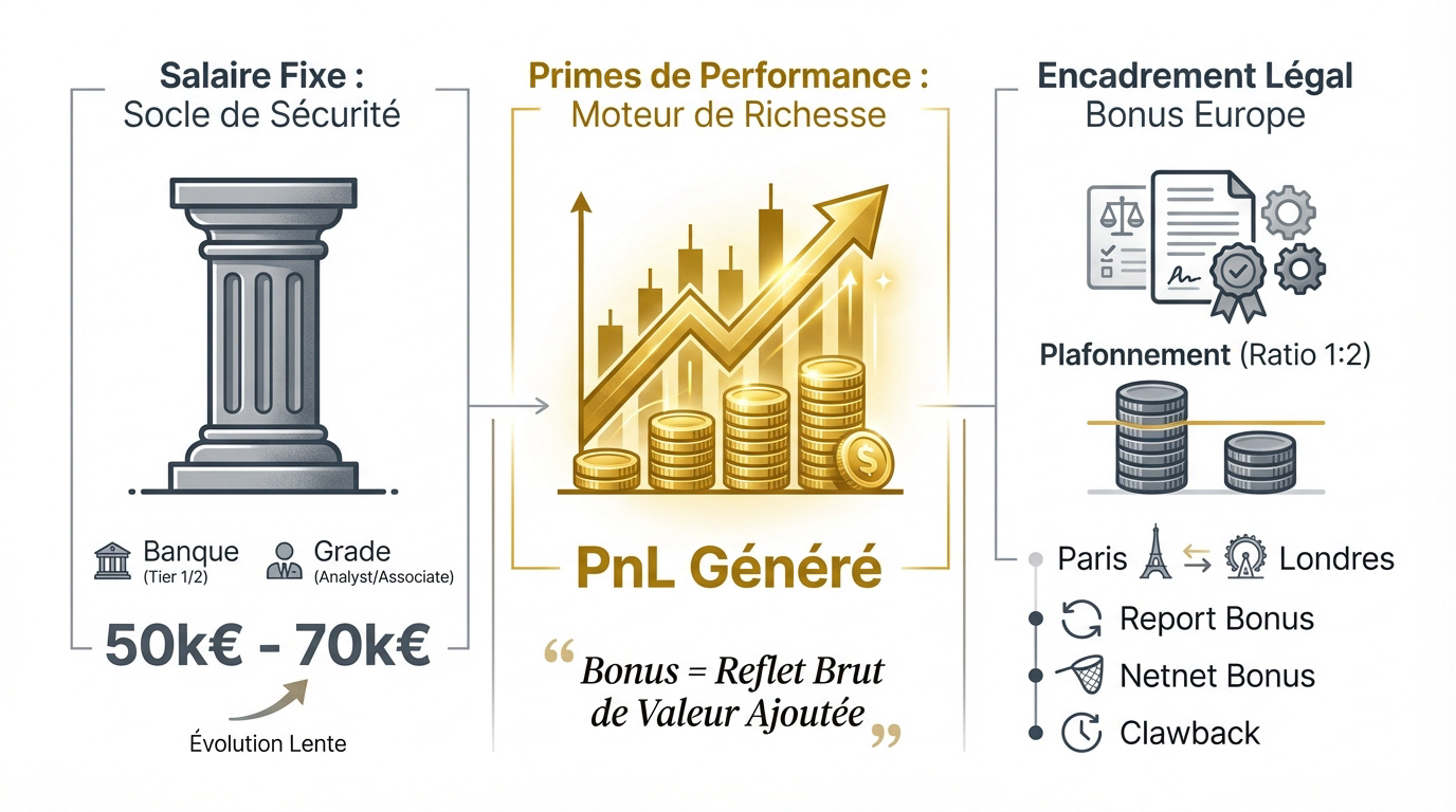 Graphique de la répartition entre salaire fixe et primes variables pour un trader