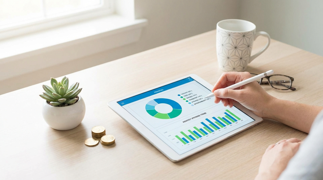 Main utilise un stylet sur une tablette affichant des graphiques financiers pour la gestion de budget et d'actifs, sur un bureau clair.