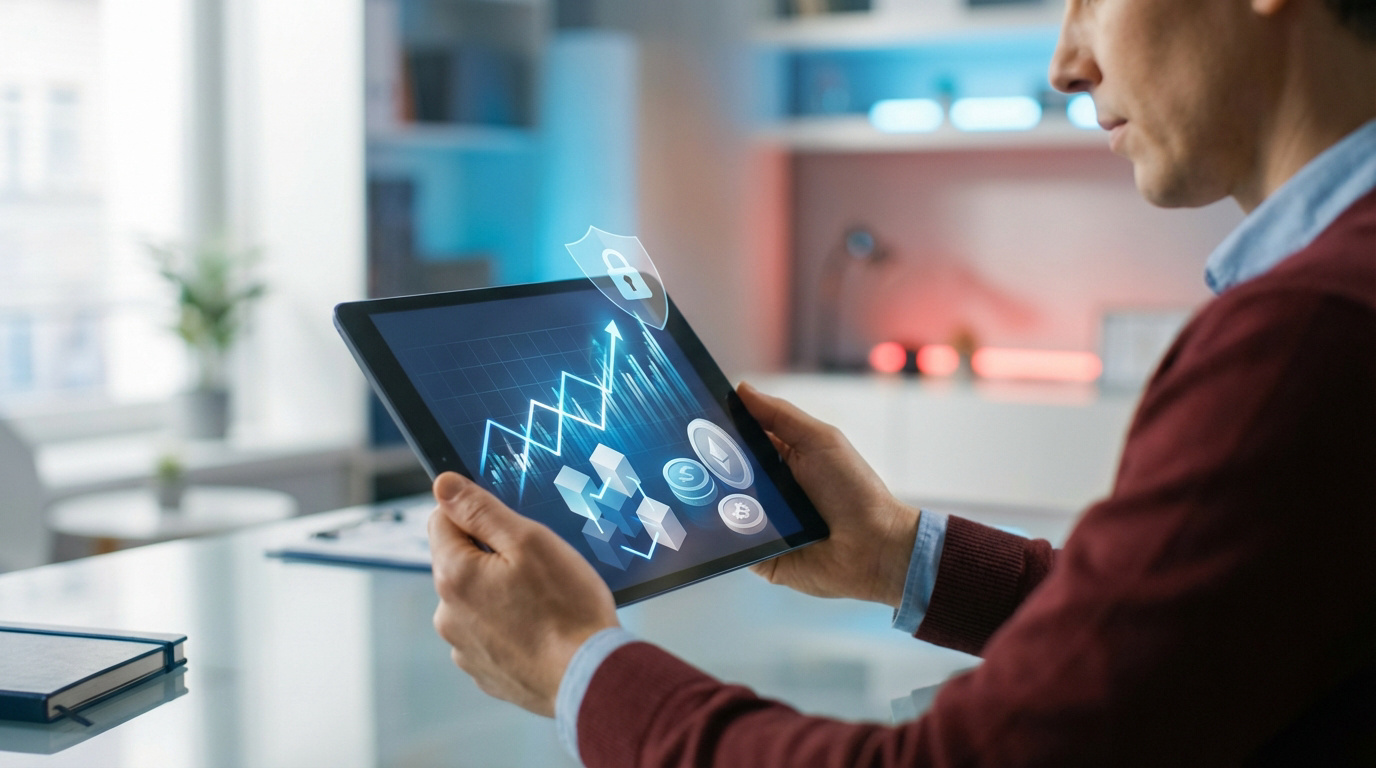 Homme consultant une tablette avec graphiques financiers, icônes crypto (Ethereum, Bitcoin) et symbole de sécurité. Bureau moderne.