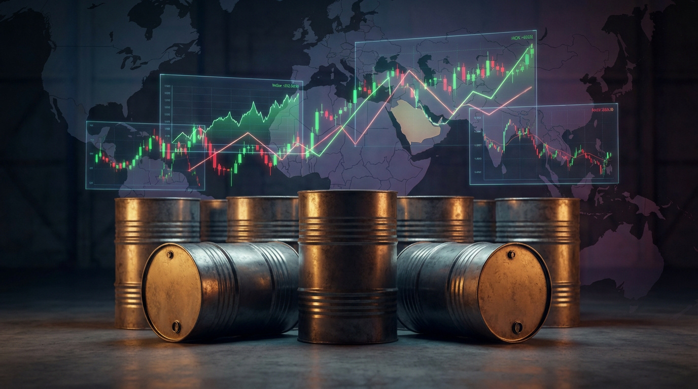 Plusieurs barils de pétrole sur fond de carte mondiale avec des écrans affichant des graphiques de cours du pétrole en hausse et baisse.