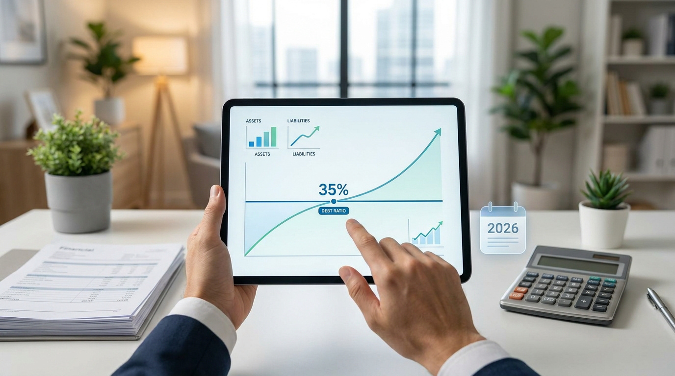 Main affichant des graphiques financiers (actifs, passifs, taux d'endettement 35%) sur tablette, avec icône 2026 et calculatrice.