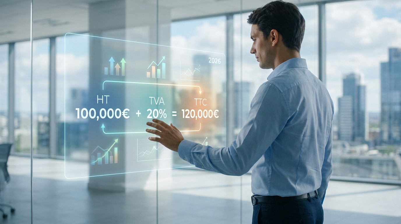 Homme interagissant avec un affichage holographique de calcul TVA (HT, 20%, TTC) et graphiques financiers en 2026.