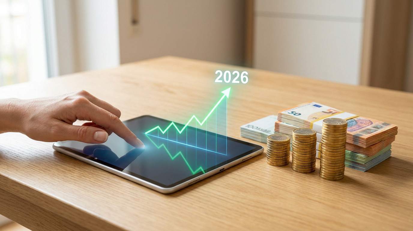 Main sur tablette affichant un graphique de croissance vers 2026, avec piles de billets et pièces en euros sur un bureau.