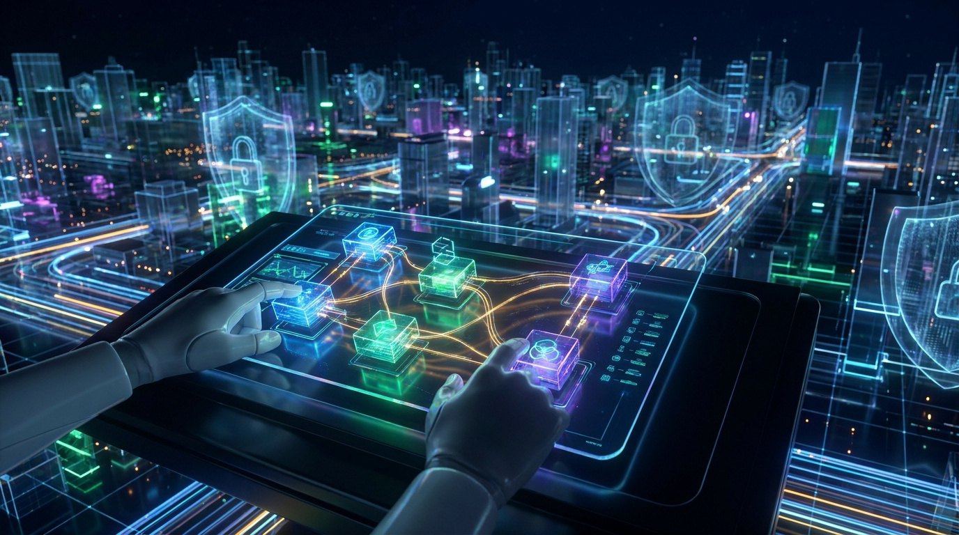 Mains robotiques interagissant avec un écran tactile affichant un réseau de blocs lumineux et une ville numérique sécurisée.