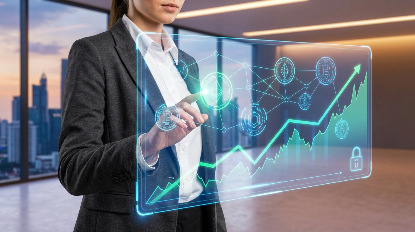 Femme en costume interagissant avec écran holographique. Il affiche symboles cryptos (Bitcoin, Ethereum), graphique croissant et réseau. Skyline de ville.
