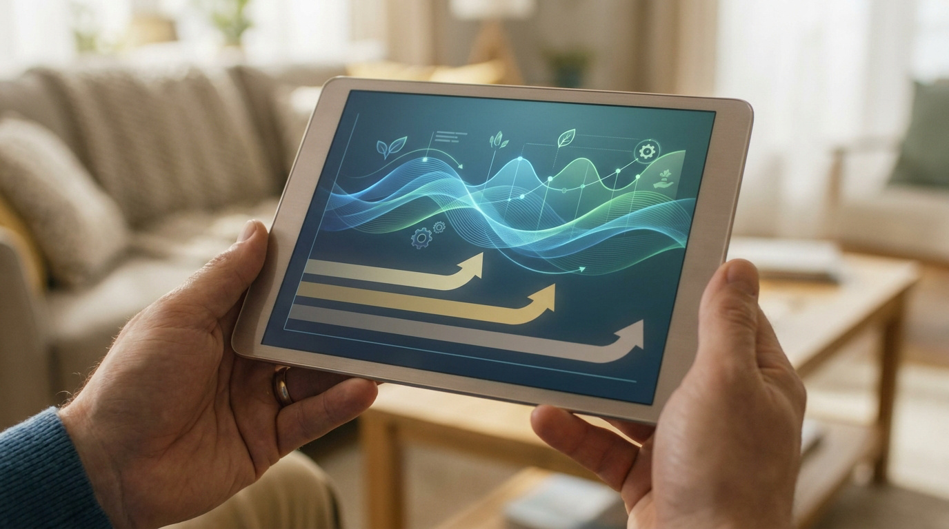 Mains tenant une tablette affichant un graphique d'évolution avec icônes feuilles, engrenages et flèches. Contexte domestique.