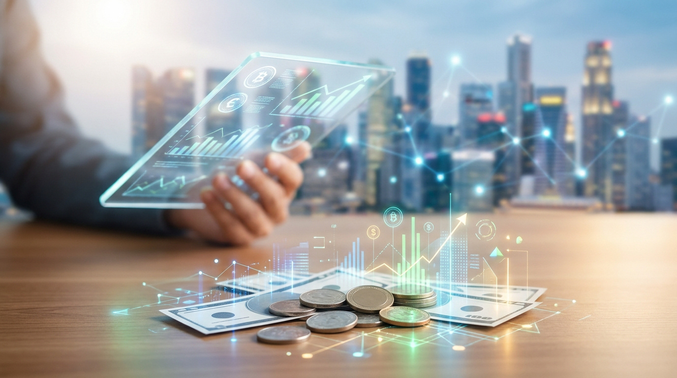 Une main tient une tablette transparente affichant des graphiques financiers. Au premier plan, billets et pièces avec des hologrammes de croissance devant une ville moderne.