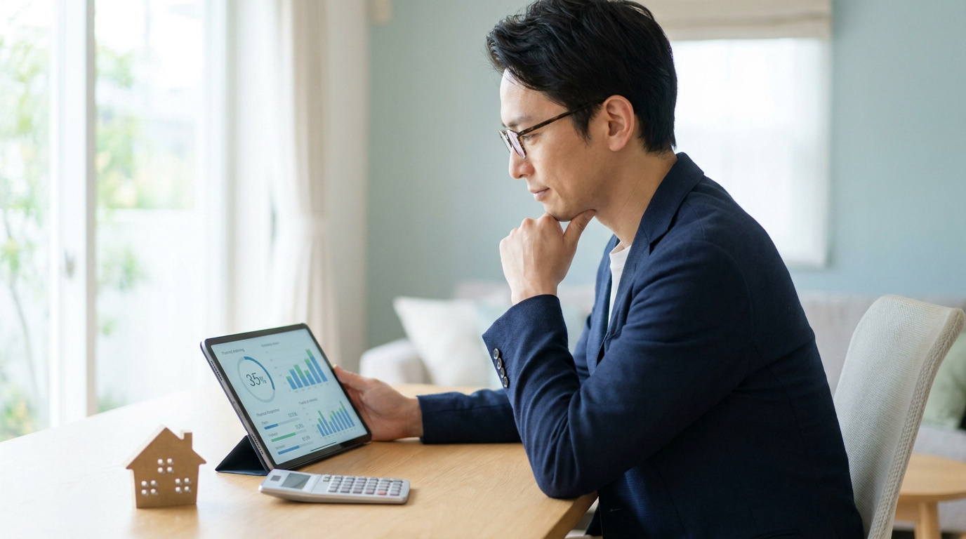 Un homme en lunettes examine des graphiques financiers sur une tablette, avec une calculatrice et une maison miniature.