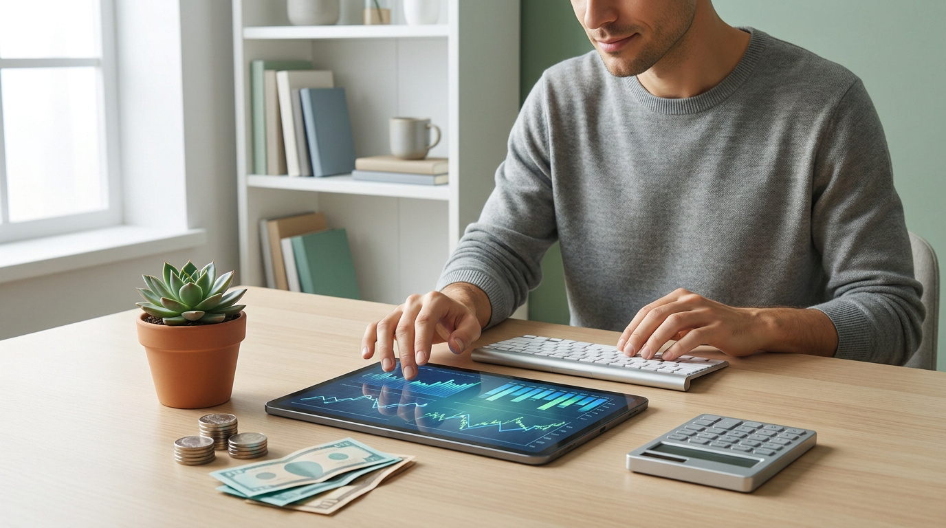 Un homme analyse des graphiques financiers sur une tablette. Sur le bureau: pièces, billets, calculatrice, évoquant calcul d'intérêts.