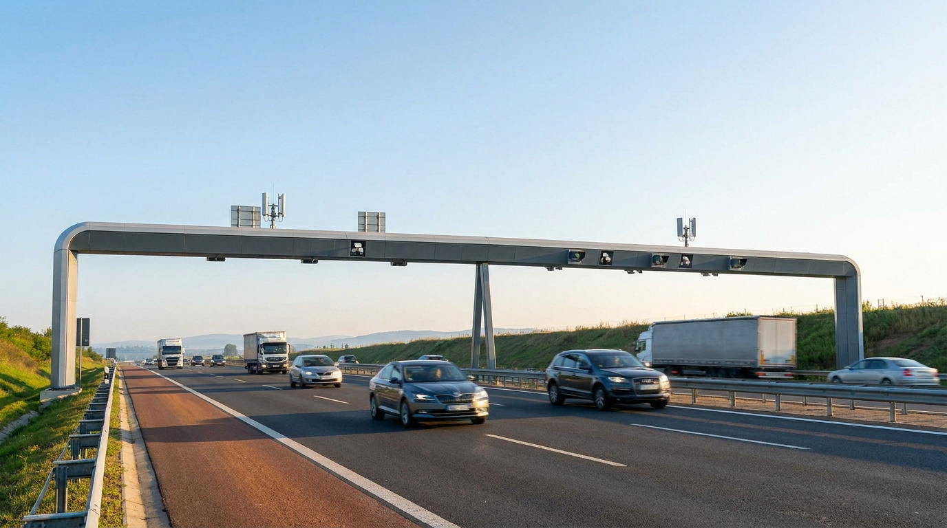 Portique moderne de péage flux libre enjambant une autoroute. Véhicules en mouvement sous les capteurs et caméras. Représente le système de paiement 2026.