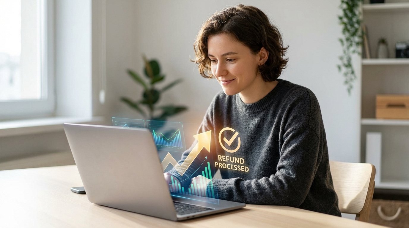 Femme souriante devant un laptop affichant des graphiques financiers holographiques et le message "REFUND PROCESSED".