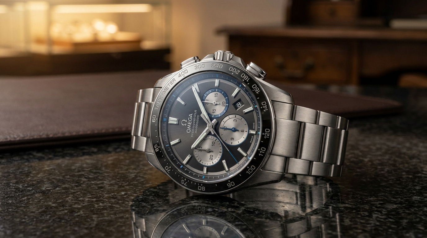 Gros plan sur une montre Omega Speedmaster chronographe en acier, cadran gris, sur une surface foncée et brillante.