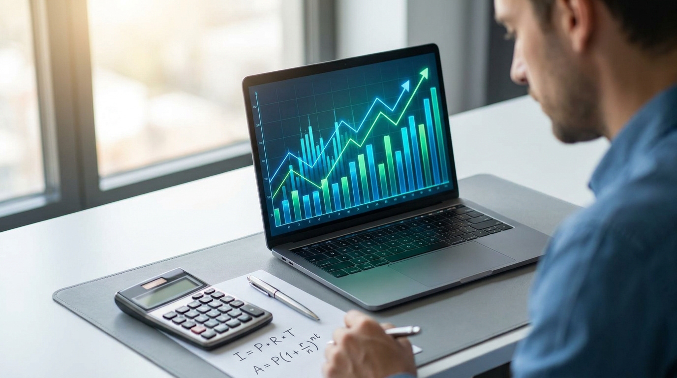 Un homme étudie des graphiques financiers de croissance sur un ordinateur portable, avec une calculatrice et des formules de taux d'intérêt sur son bureau.