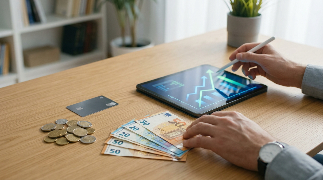 Une personne consulte des données financières sur une tablette, entourée de billets et pièces en euros, et d'une carte bancaire.