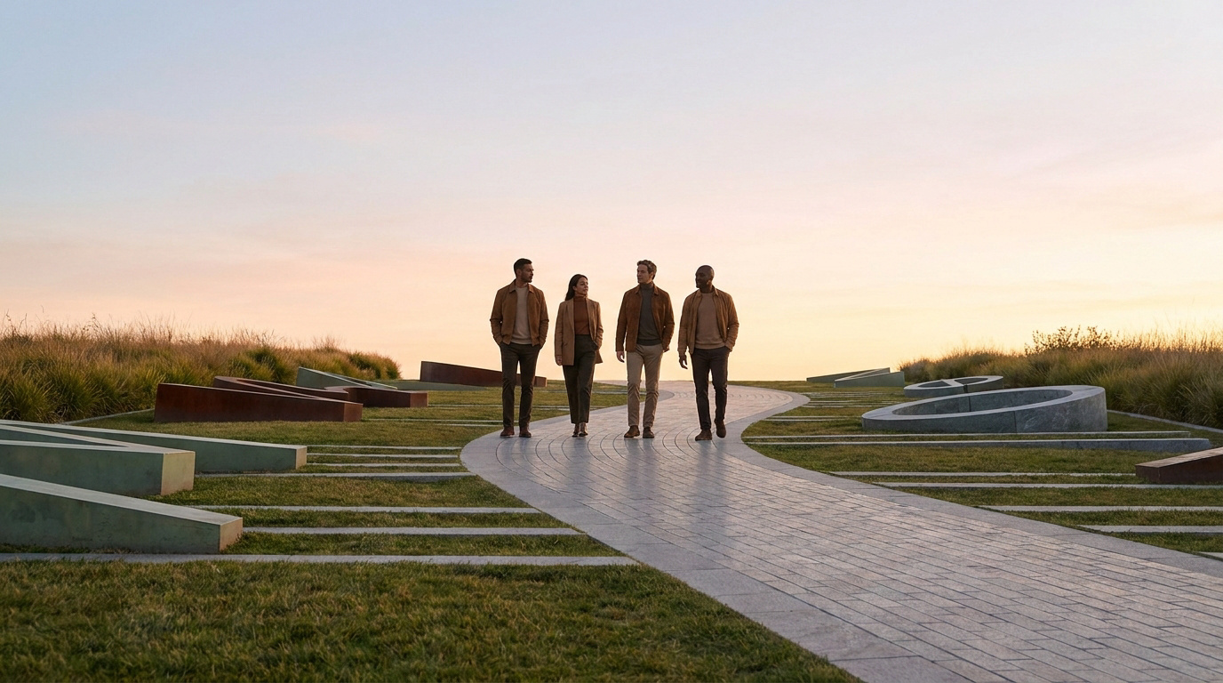 Quatre personnes marchent ensemble sur une allée pavée au coucher du soleil dans un parc moderne.