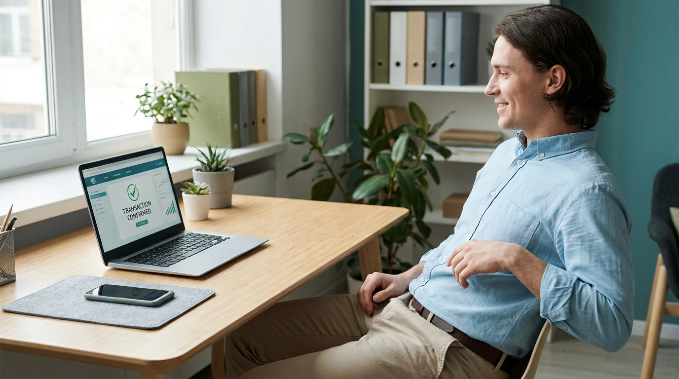 Un homme souriant regarde son ordinateur affichant une confirmation de transaction après avoir géré ses impôts.