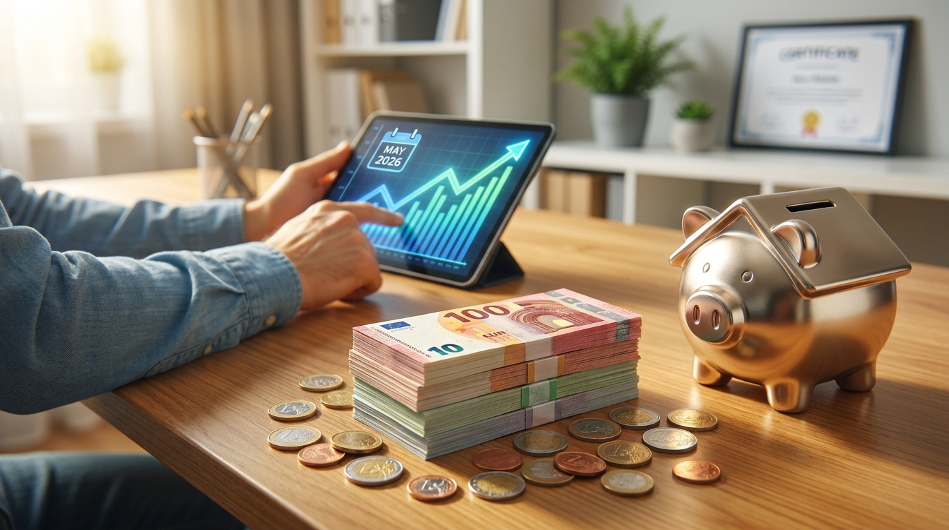 Mains interagissant avec une tablette affichant un graphique de croissance "MAY 2026", des billets et pièces en euros, et une tirelire.