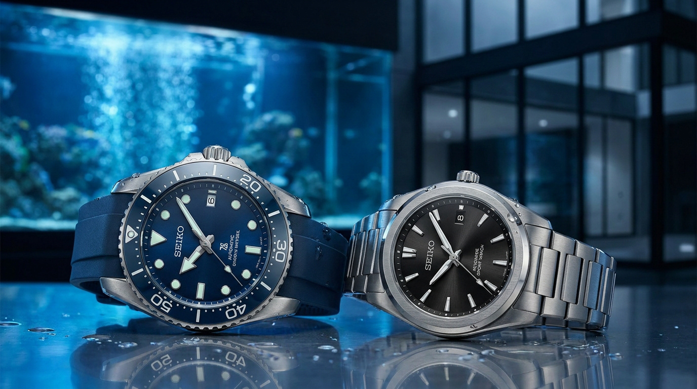 Deux montres Seiko, une plongeuse bleue sur bracelet caoutchouc et une élégante noire sur acier, sur surface mouillée avec aquarium et bâtiment moderne flous.