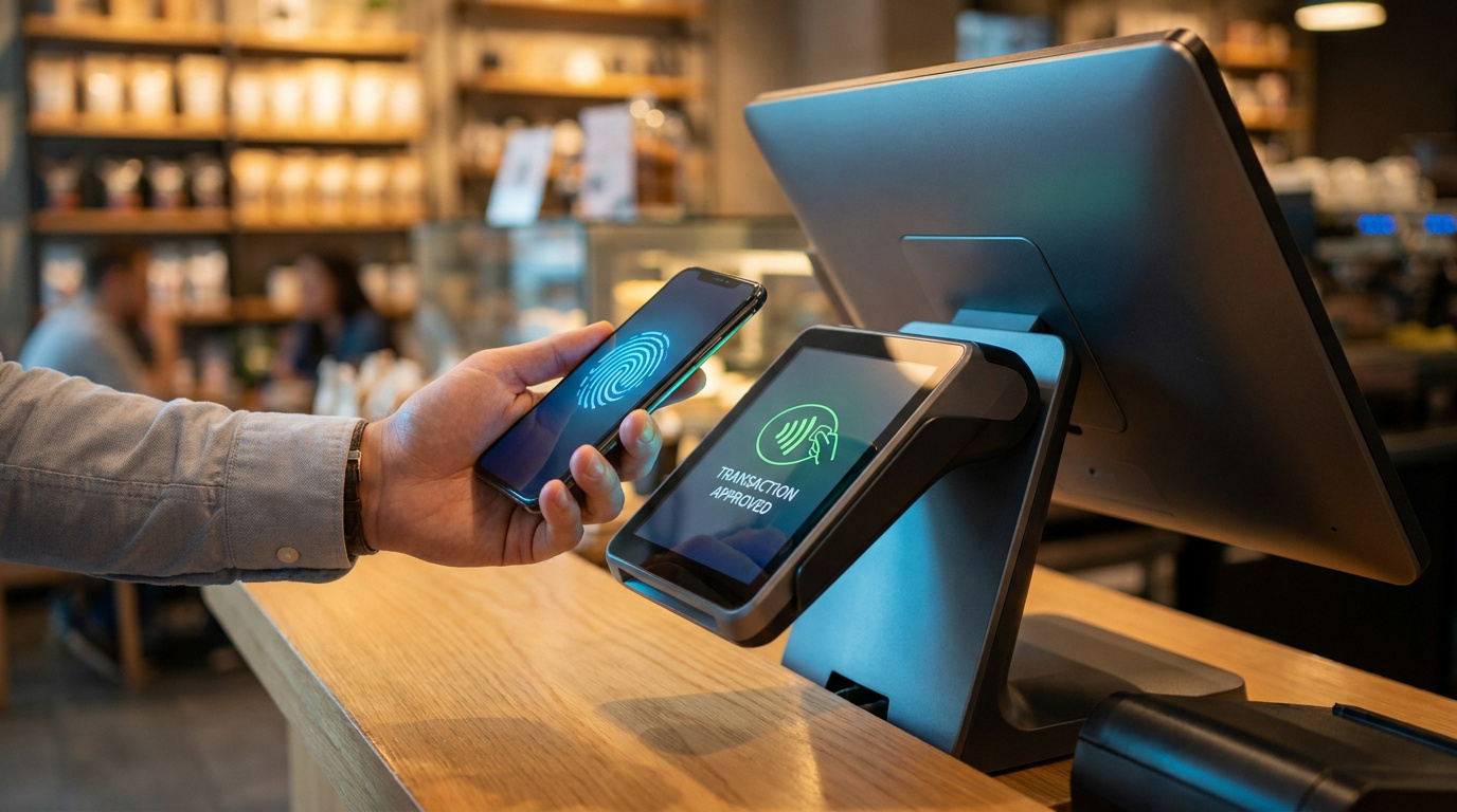 Une main paie sans contact avec un smartphone affichant une empreinte digitale sur un terminal indiquant "Transaction Approved".