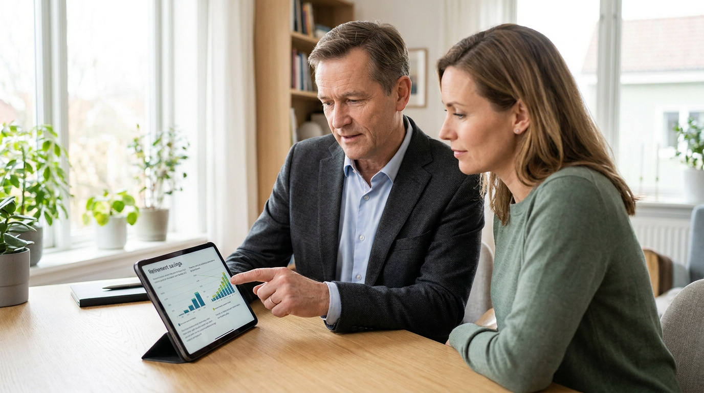 Un homme et une femme consultent un graphique d'épargne retraite sur tablette, l'homme pointe l'écran. Contexte de réforme.