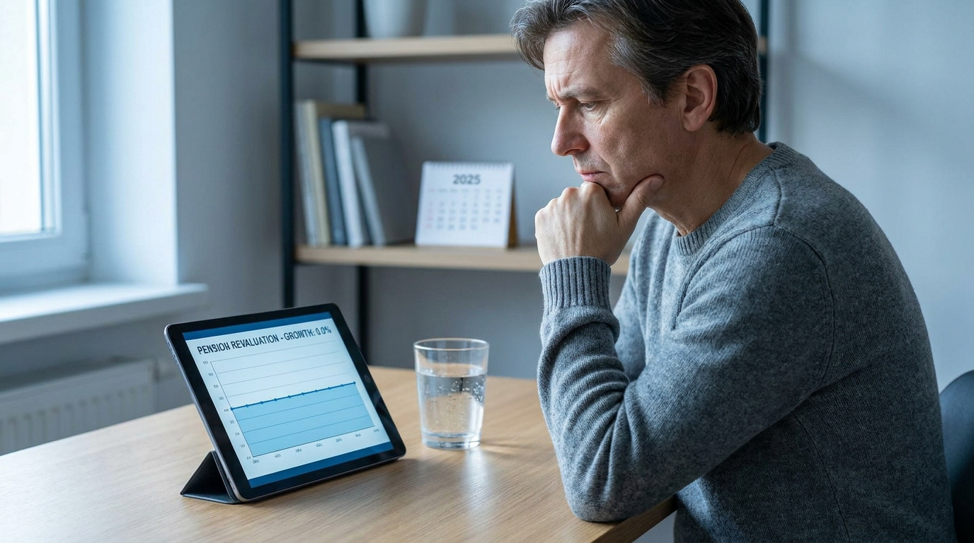 Un homme soucieux consulte sa tablette montrant une revalorisation de pension à 0% en 2025.